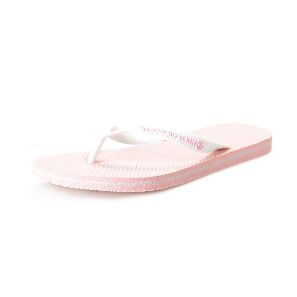 Philipp Plein Women's Pink/White Rubber Logo Print Flip Flops Shoes
